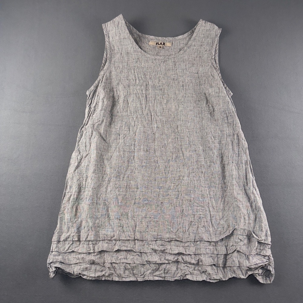 FLAX Womens Grey White 100% Linen Sleeveless Tiered Ruffle Hem Tunic Top Size M